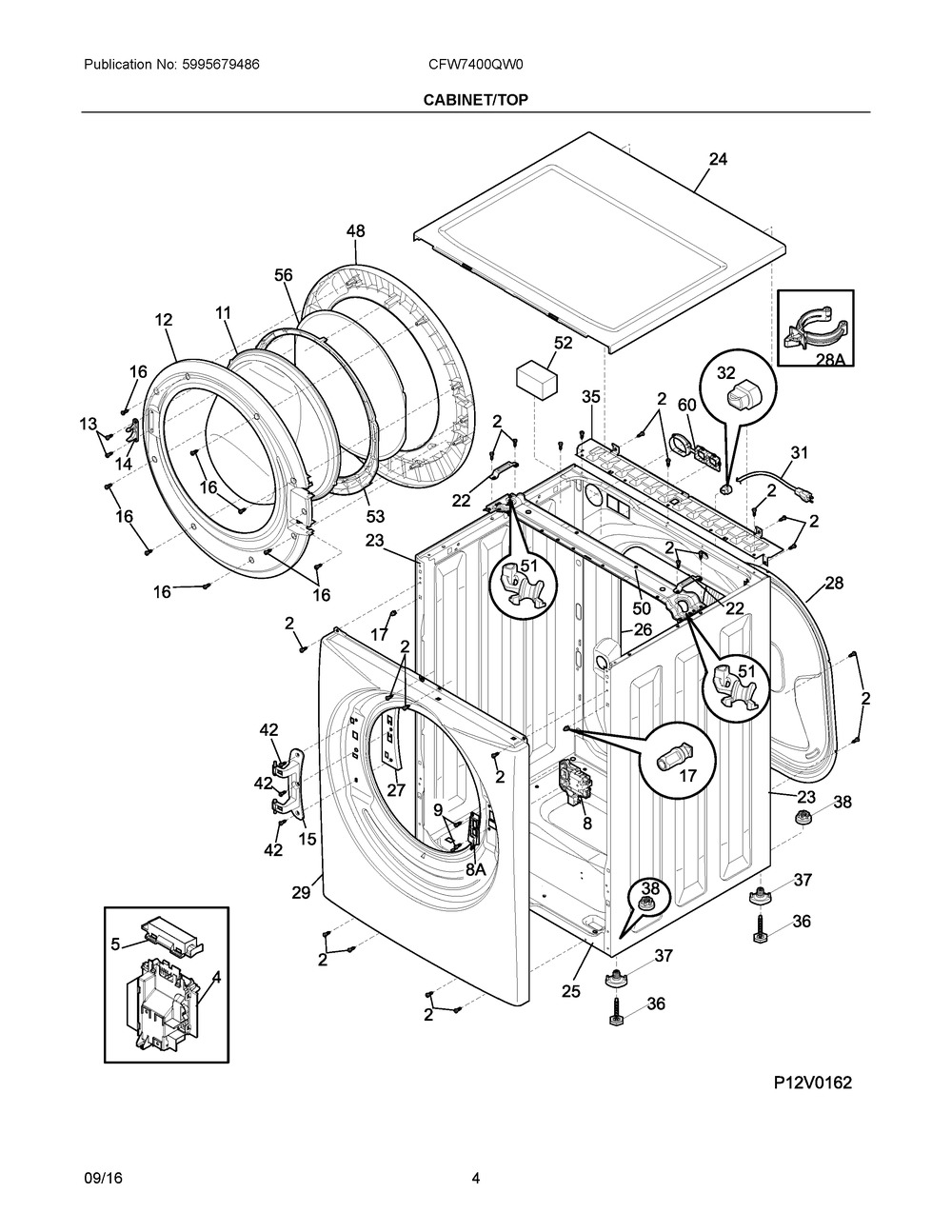 Cabinet/Top Diagram and Parts List for CFW7400QW0  Frigidaire Washer