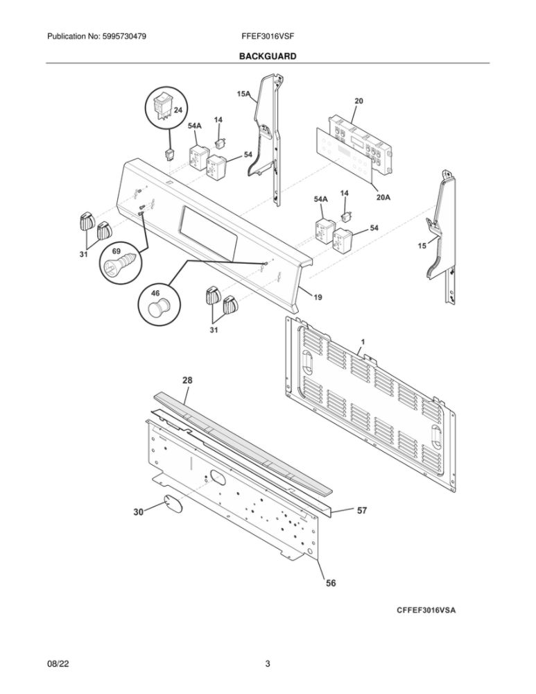 Backguard Diagram and Parts List for FFEF3016VSF  Frigidaire Range