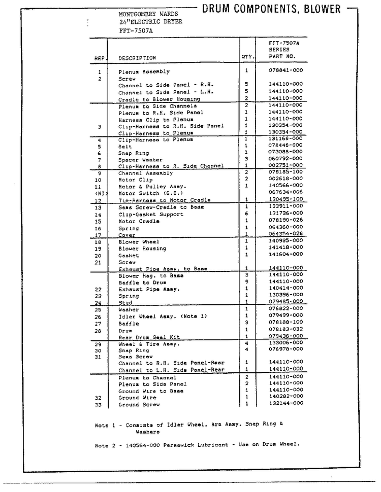 Drum Components, Blower Page 2 Diagram and Parts List for 7507A  Frigidaire Dryer