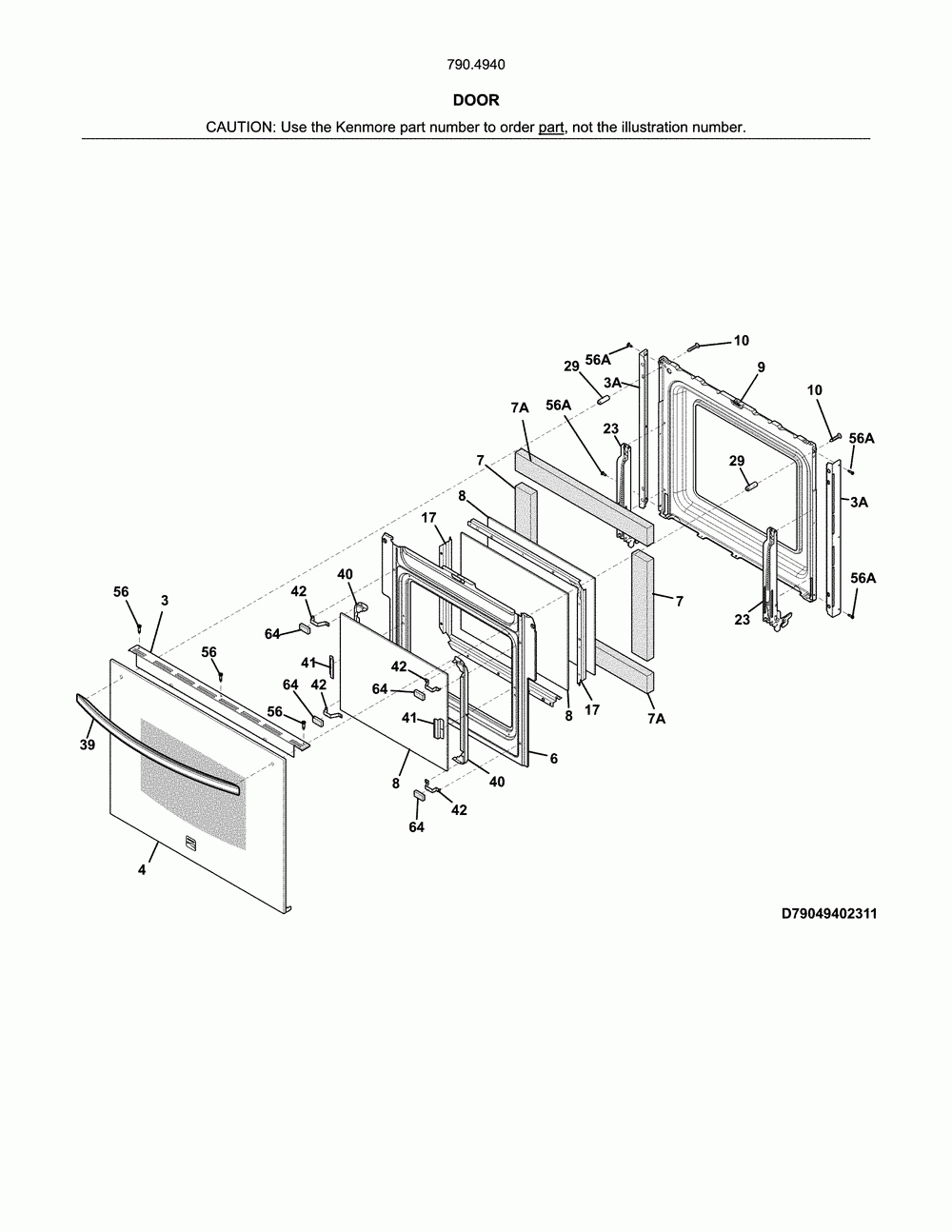 Door Diagram and Parts List for 79049402316  Kenmore Wall Oven