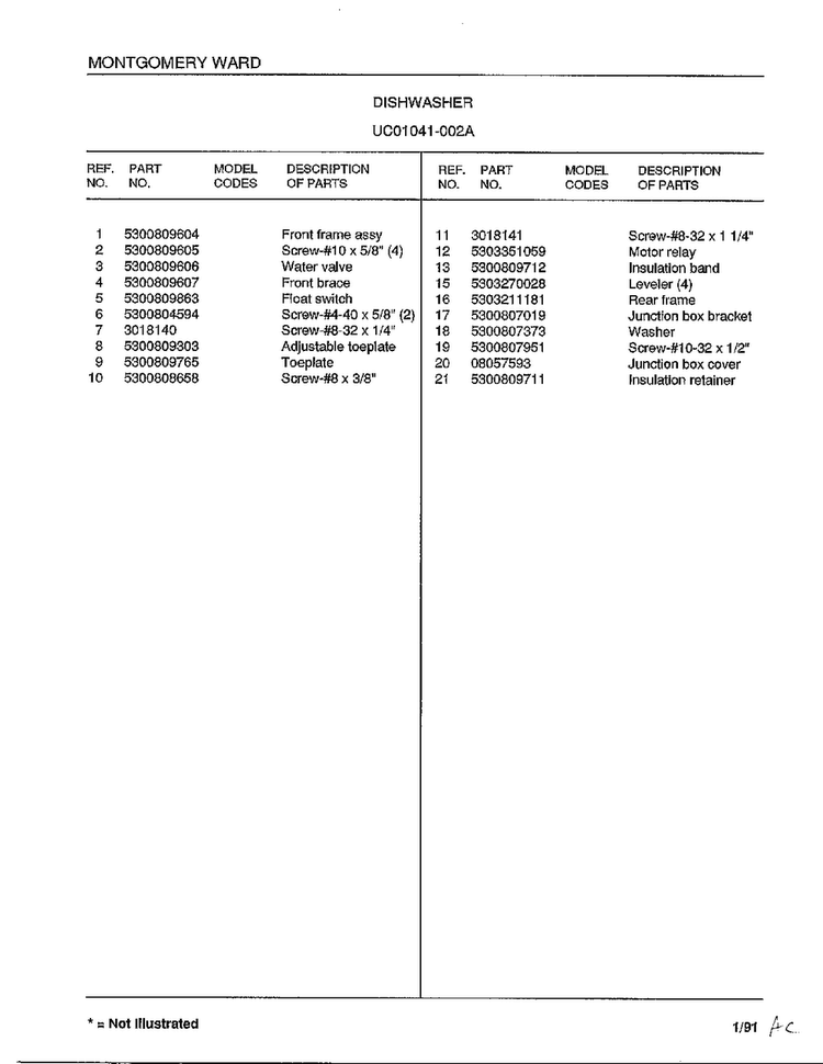 Dishwasher Page 10 Diagram and Parts List for 1041-002A  Frigidaire Dishwasher