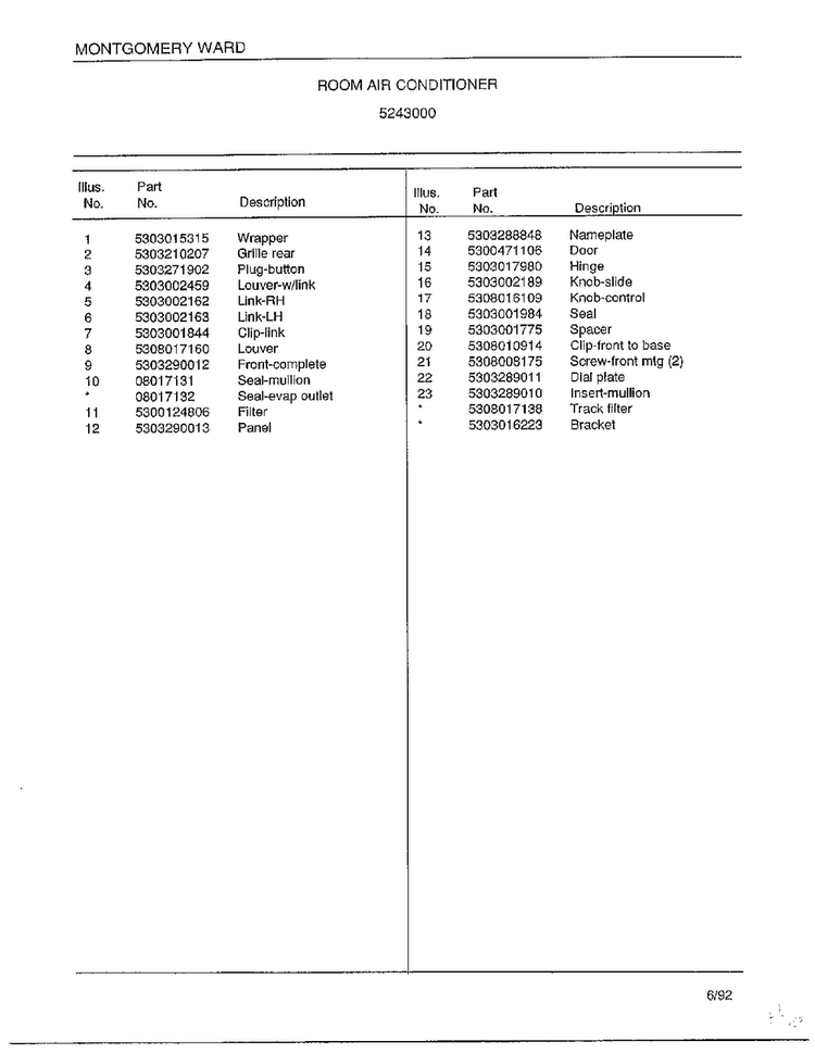 Room Air Conditioner Page 2 Diagram and Parts List for 5243000  Frigidaire Air Conditioner