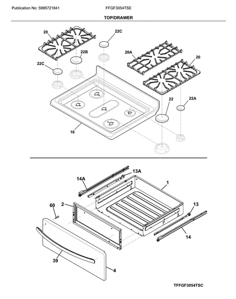 Top/Drawer Diagram and Parts List for FFGF3054TSE  Frigidaire Range