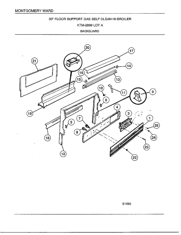 Gas Self Clean Hi Broiler/backguard Diagram and Parts List for 2899A  Frigidaire Range