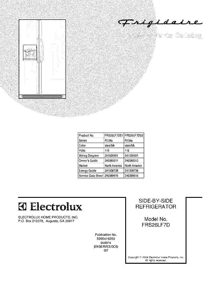 COVER Diagram and Parts List for FRS26LF7DS2  Frigidaire Refrigerator