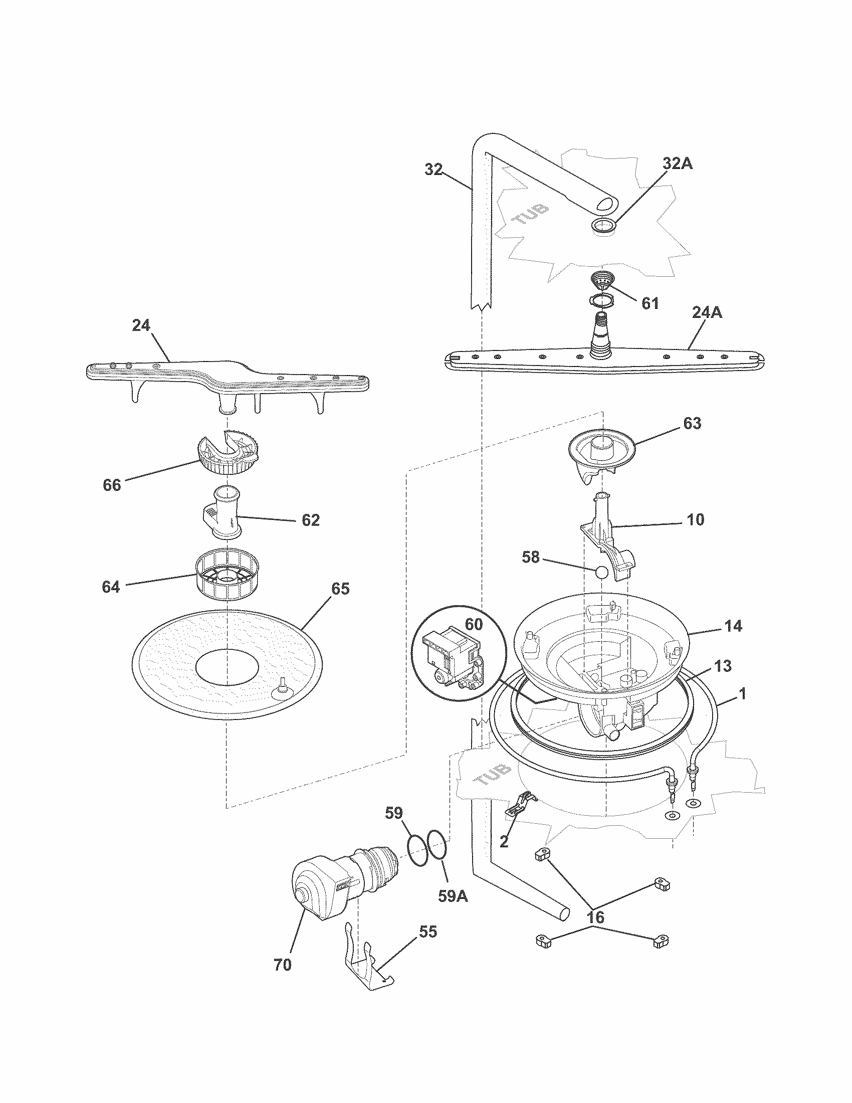 Motor & Pump Diagram and Parts List for 58715239901A  Kenmore Dishwasher