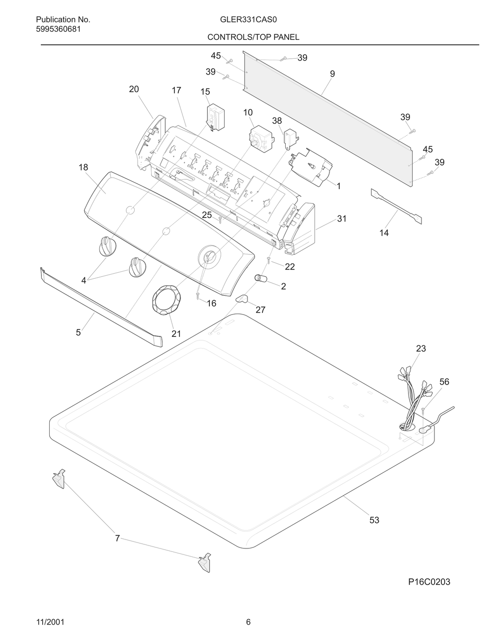 Controls/Top Panel Diagram and Parts List for GLER331CAS0  Frigidaire Dryer