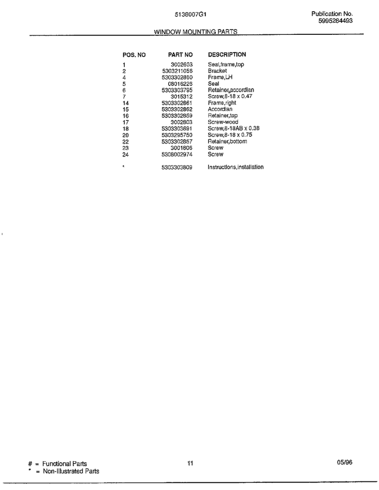 Window Mounting Parts Page 2 Diagram and Parts List for 5138007G1  Frigidaire Air Conditioner