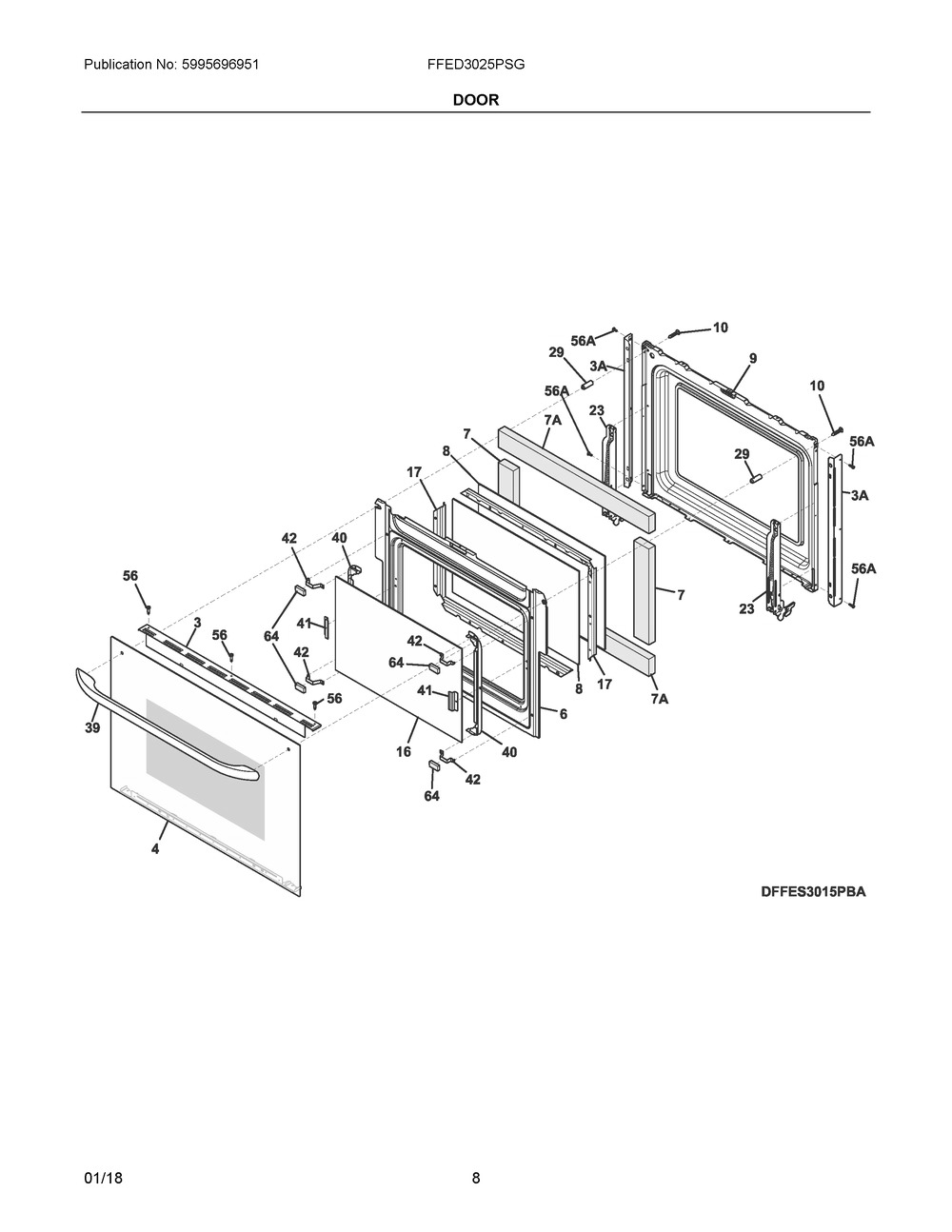 Door Diagram and Parts List for FFED3025PSG  Frigidaire Range