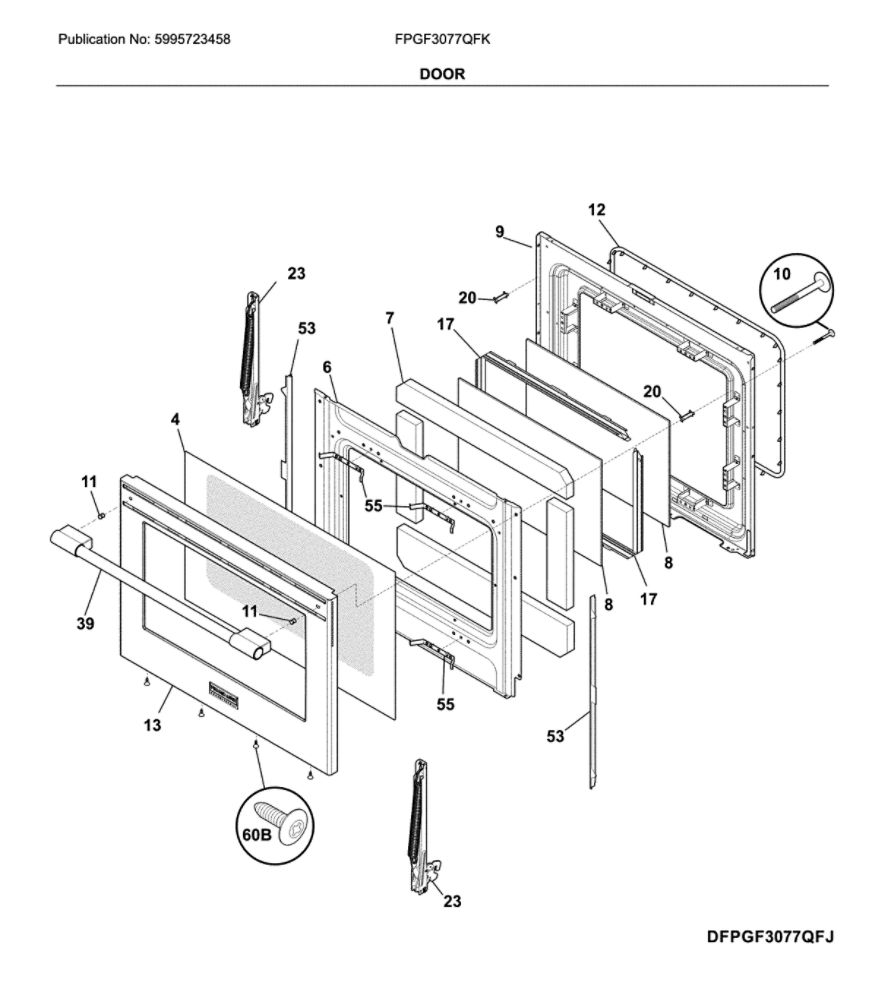 Door Diagram and Parts List for FPGF3077QFK  Frigidaire Range