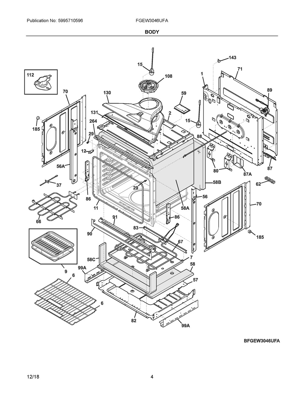 Body Diagram and Parts List for FGEW3046UFA  Frigidaire Wall Oven