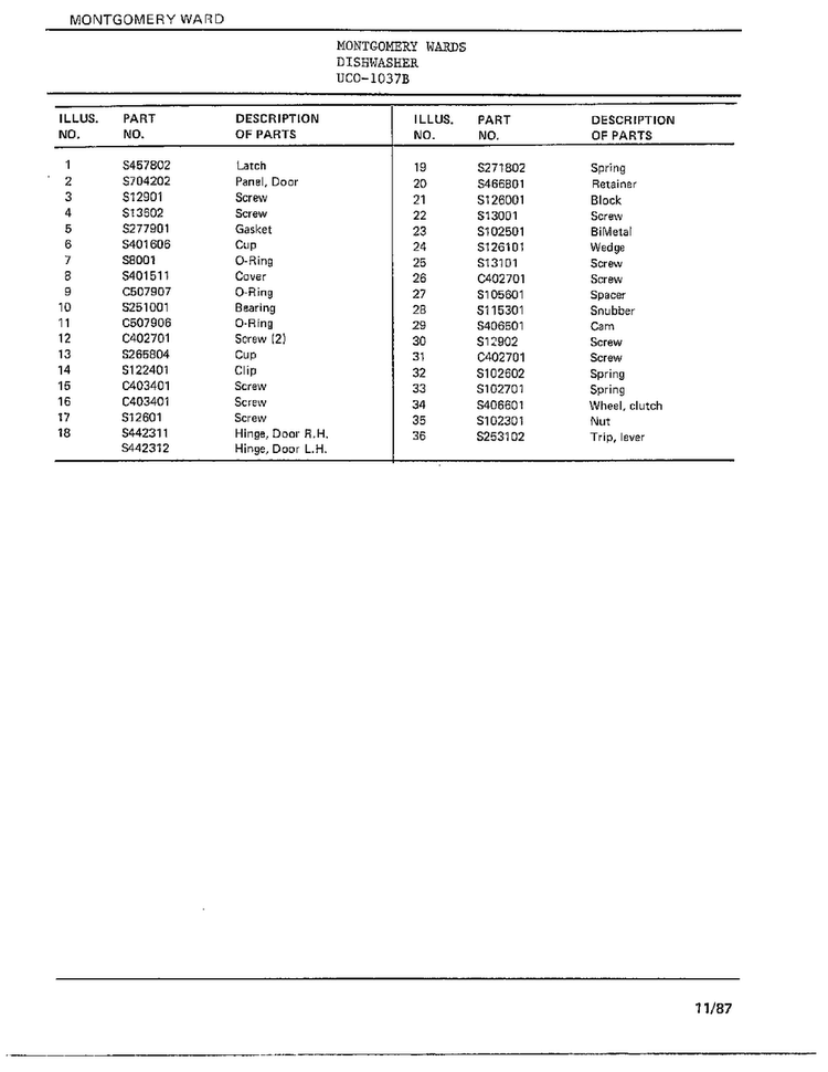 Dishwasher Page 4 Diagram and Parts List for 1037B  Frigidaire Dishwasher