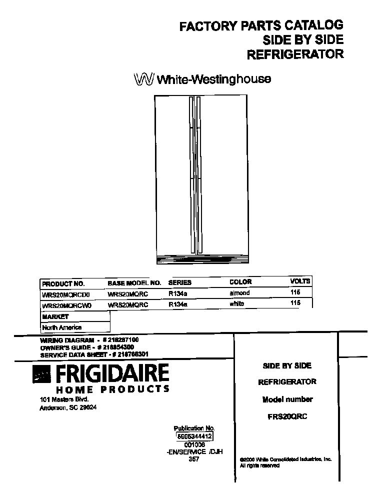 Cover Diagram and Parts List for WRS20MQRCW0  Westinghouse Refrigerator