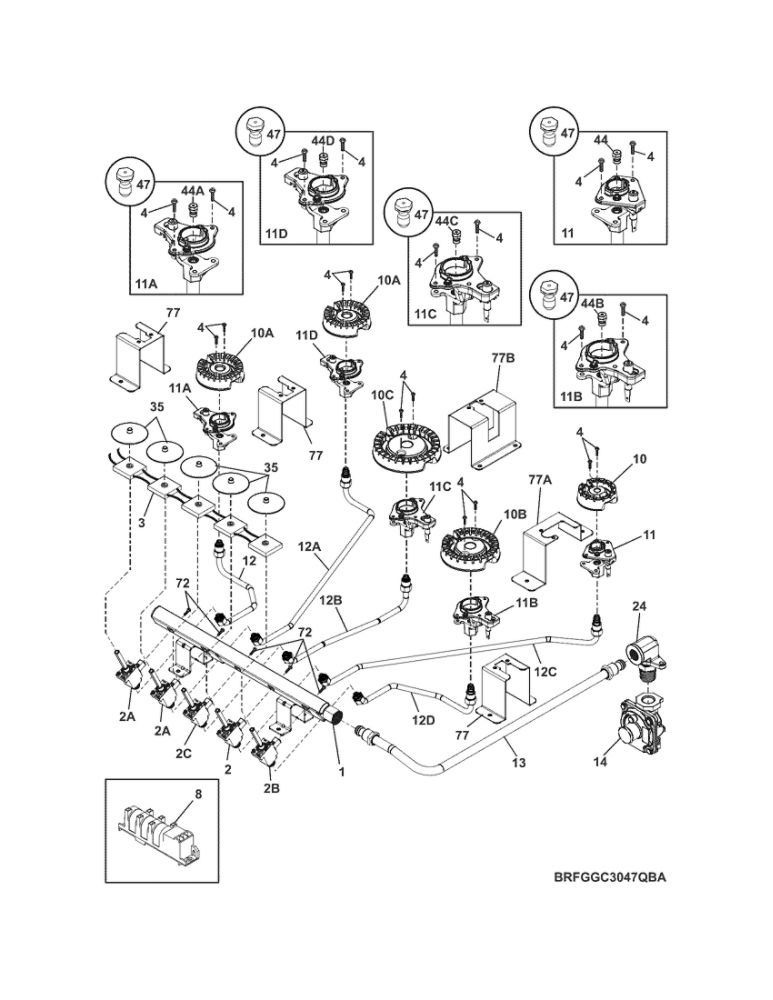 Burner Diagram and Parts List for FGGC3047QBA  Frigidaire Cooktop