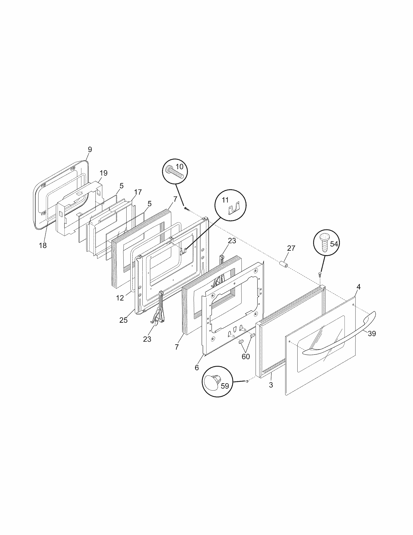 Door Diagram and Parts List for 79040452800  Kenmore Wall Oven