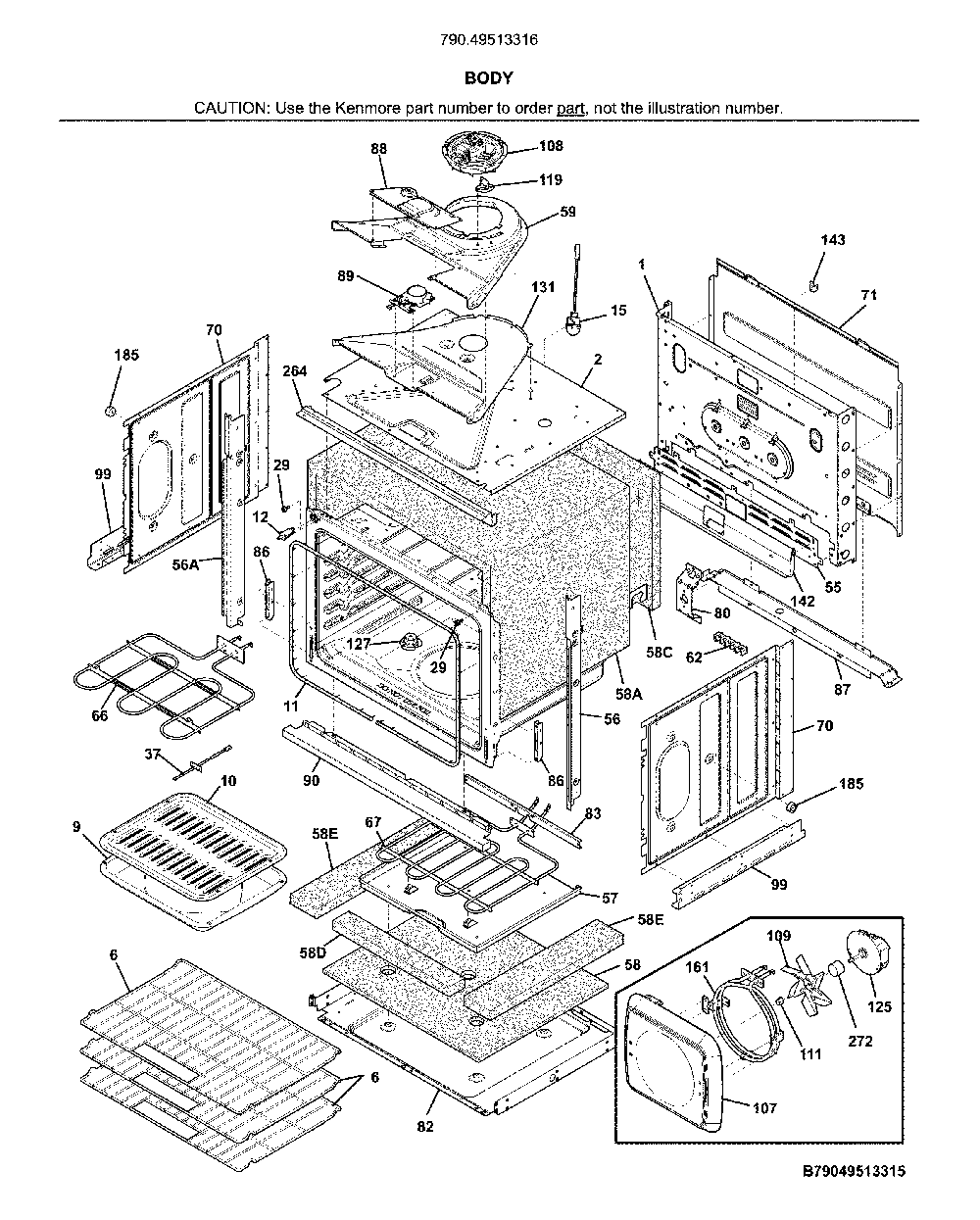 Body Diagram and Parts List for 79049513316  Kenmore Wall Oven