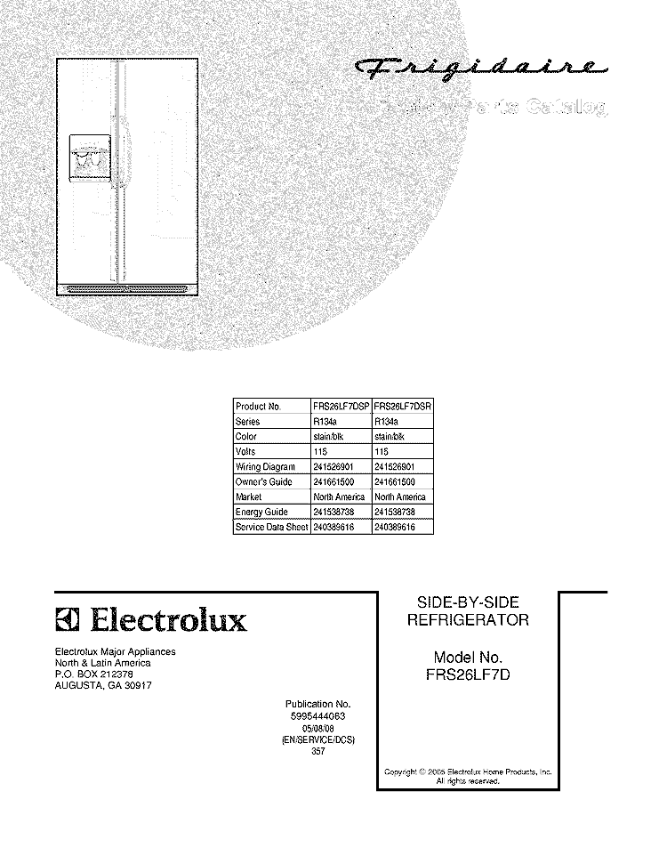 COVER Diagram and Parts List for FRS26LF7DSP  Frigidaire Refrigerator