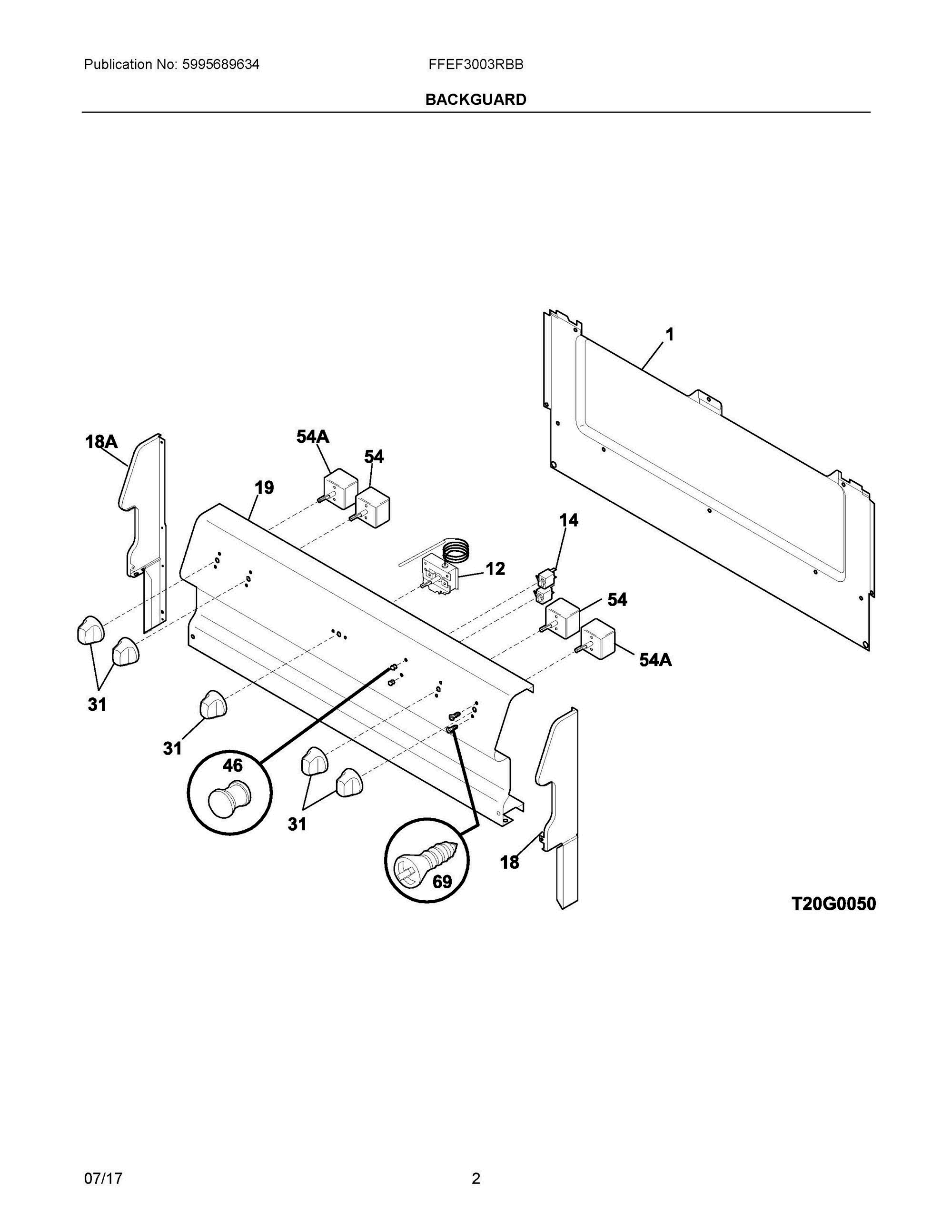 02 - BACKGUARD Diagram and Parts List for FFEF3003RBB  Frigidaire Range