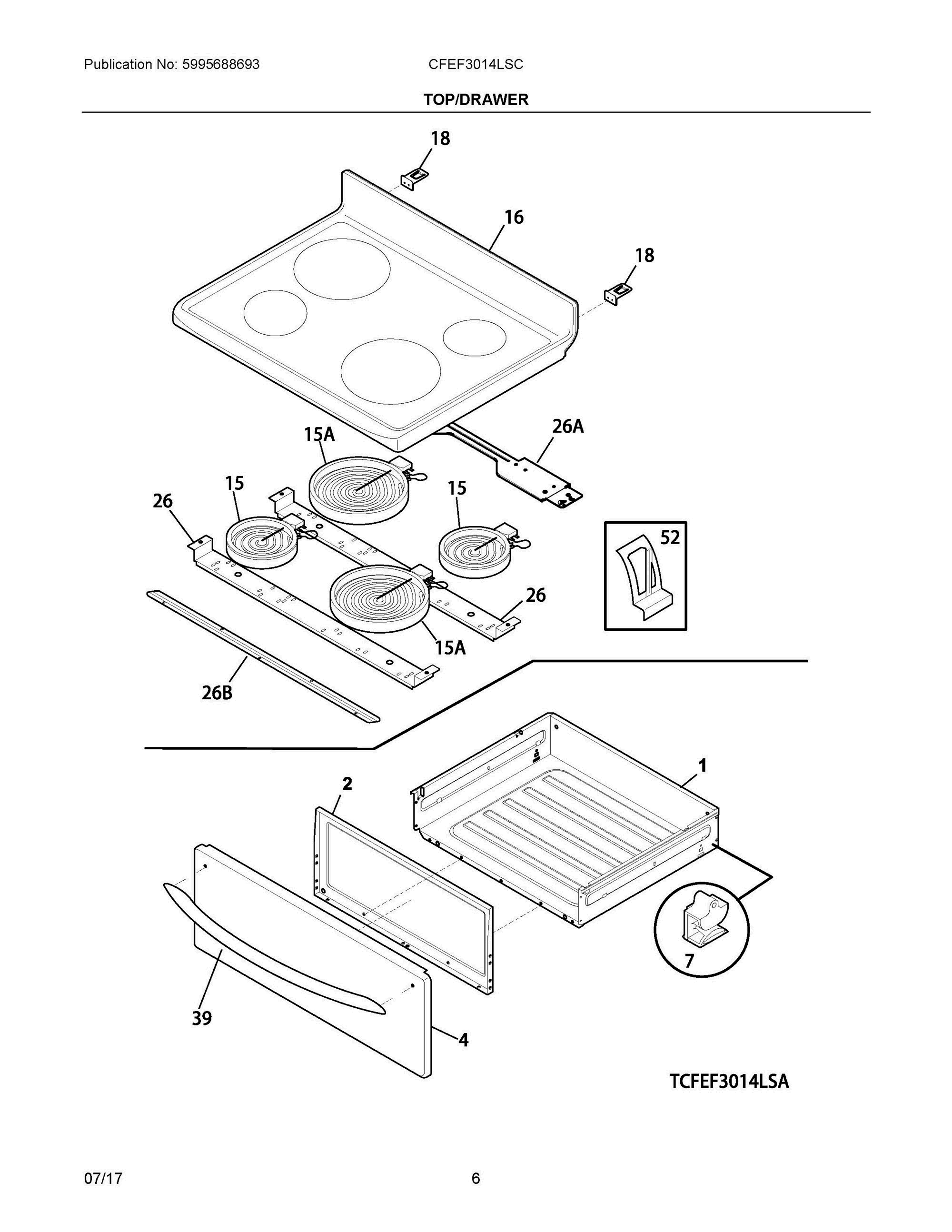 04 - TOP/DRAWER Diagram and Parts List for CFEF3014LSC  Frigidaire Range