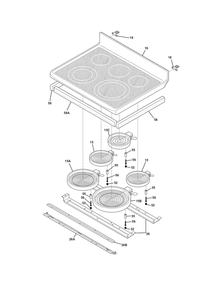 Main Top Diagram and Parts List for CGEF304DKF4  Frigidaire Range