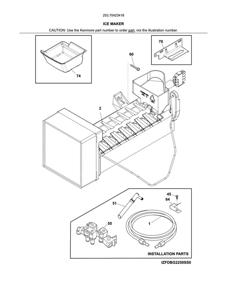 Ice Maker Diagram and Parts List for 25370423418  Kenmore Refrigerator