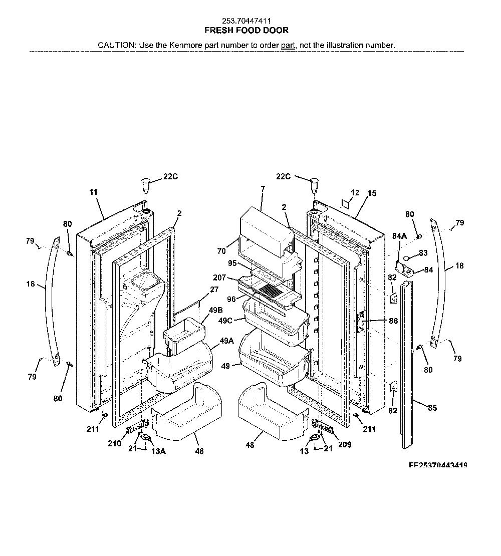 Fresh food doors Diagram and Parts List for 25370447411  Kenmore Refrigerator