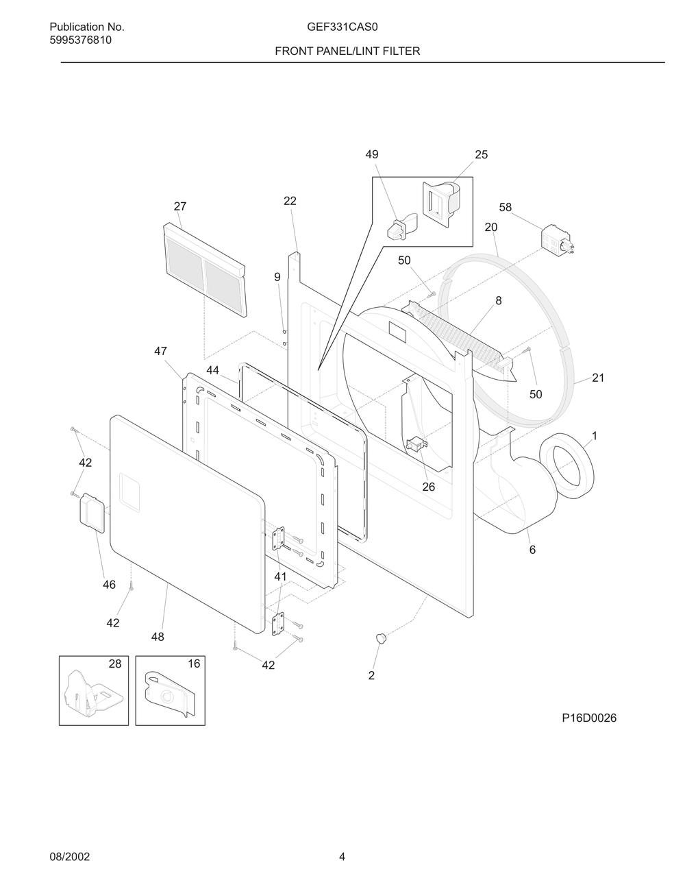 Front Panel/Lint Filter Diagram and Parts List for GEF331CAS0  Frigidaire Dryer