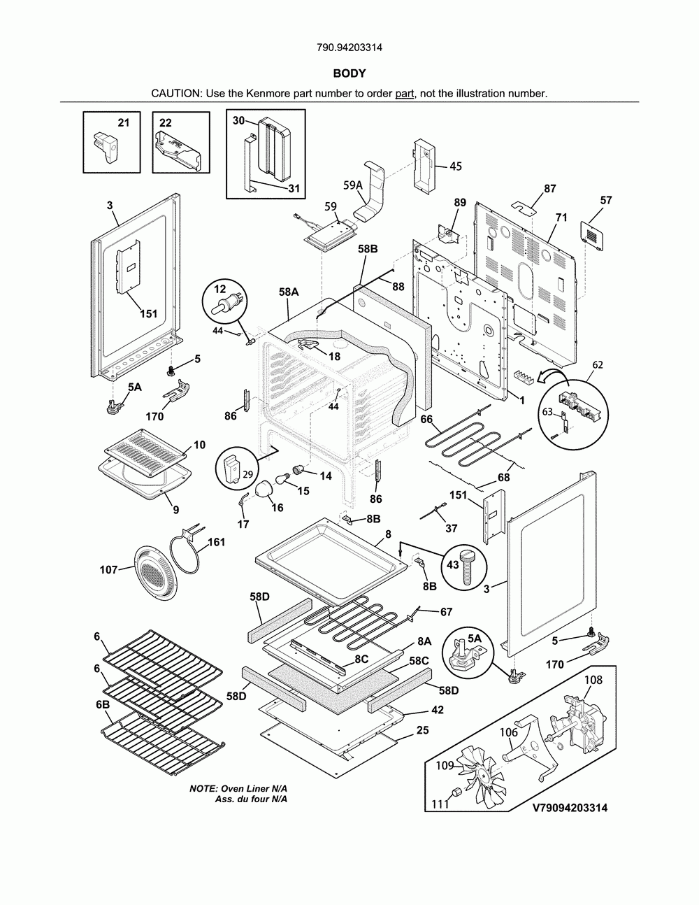 Body Diagram and Parts List for 79094203314  Kenmore Range