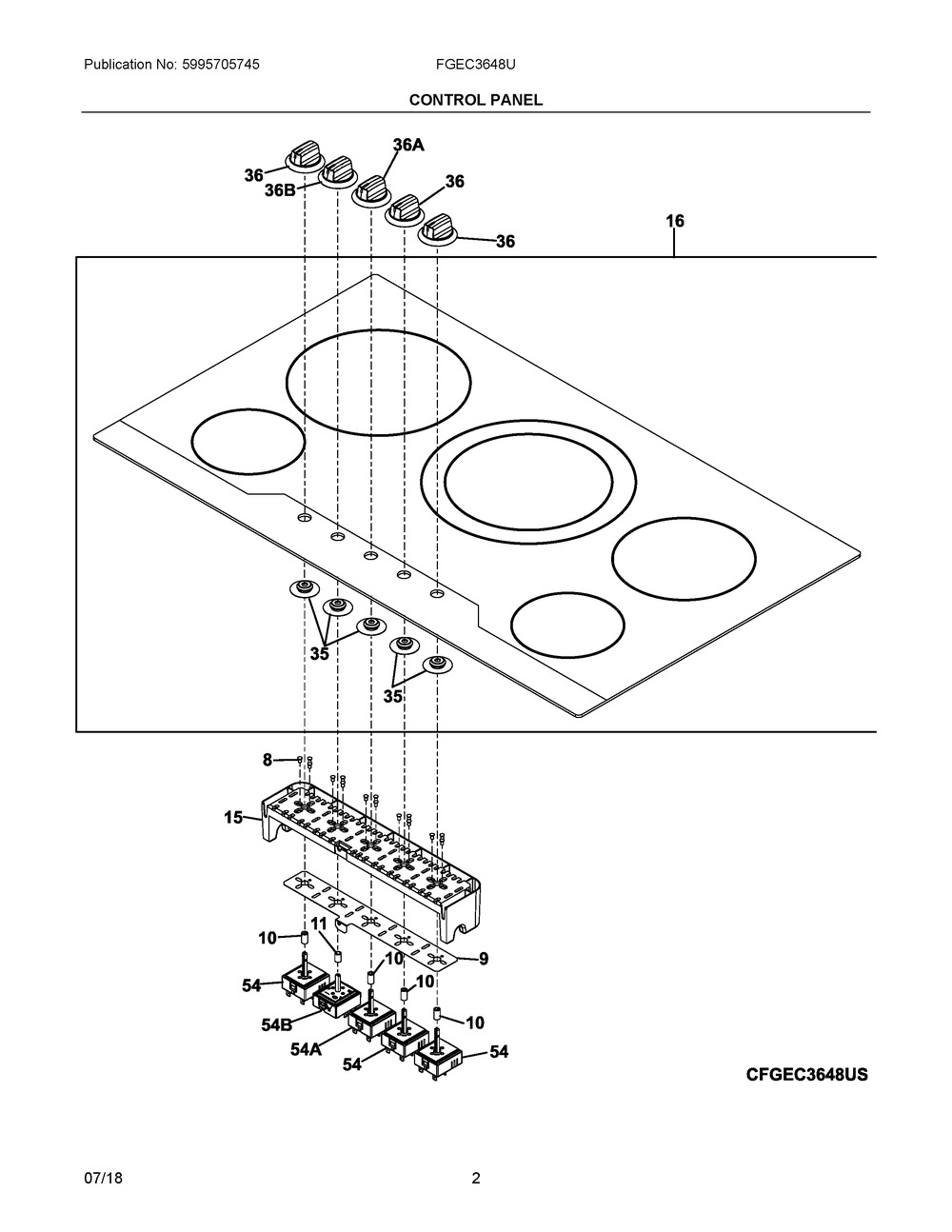 Control Panel Diagram and Parts List for FGEC3648UB  Frigidaire Cooktop