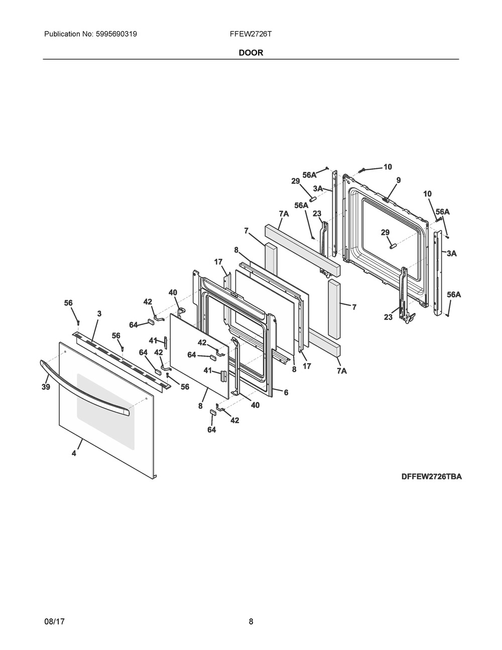 Door Diagram and Parts List for FFEW2726TBA  Frigidaire Wall Oven