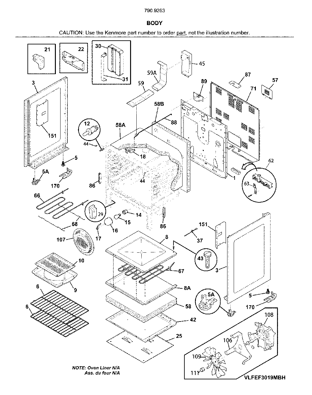 Body Diagram and Parts List for 79092639810  Kenmore Range