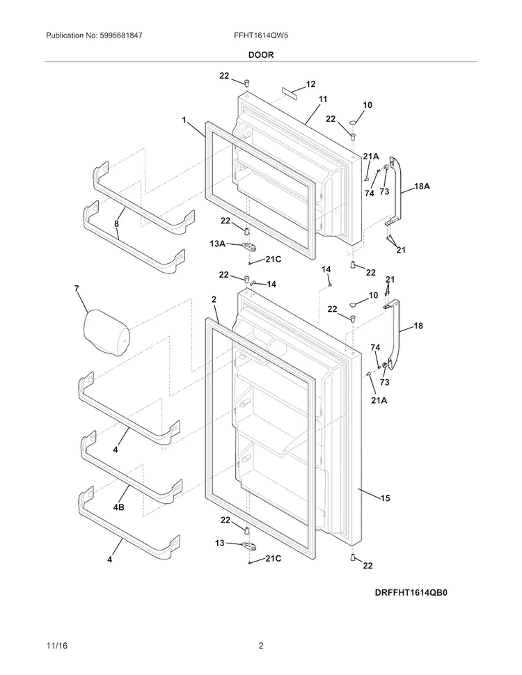 Door Diagram and Parts List for FFHT1614QW5  Frigidaire Refrigerator