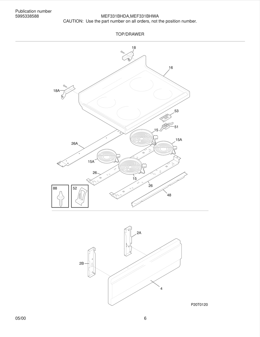 Top/Drawer Diagram and Parts List for MEF331BHWA  Frigidaire Range
