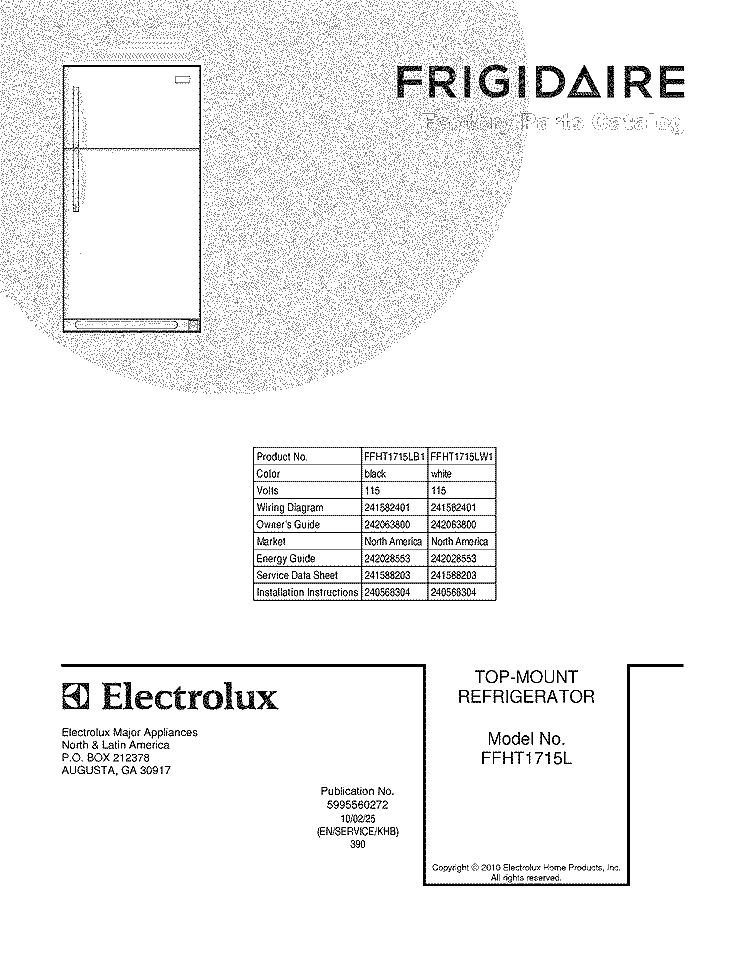 COVER Diagram and Parts List for FFHT1715LB1  Frigidaire Refrigerator