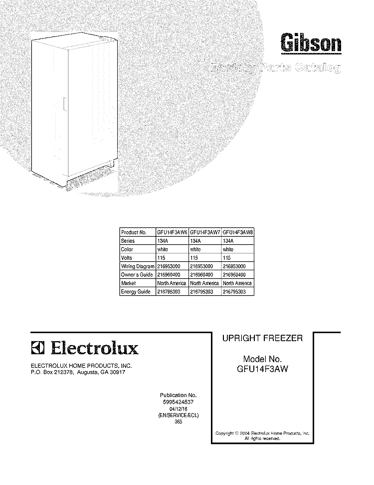 COVER Diagram and Parts List for GFU14F3AW7  Gibson Freezer