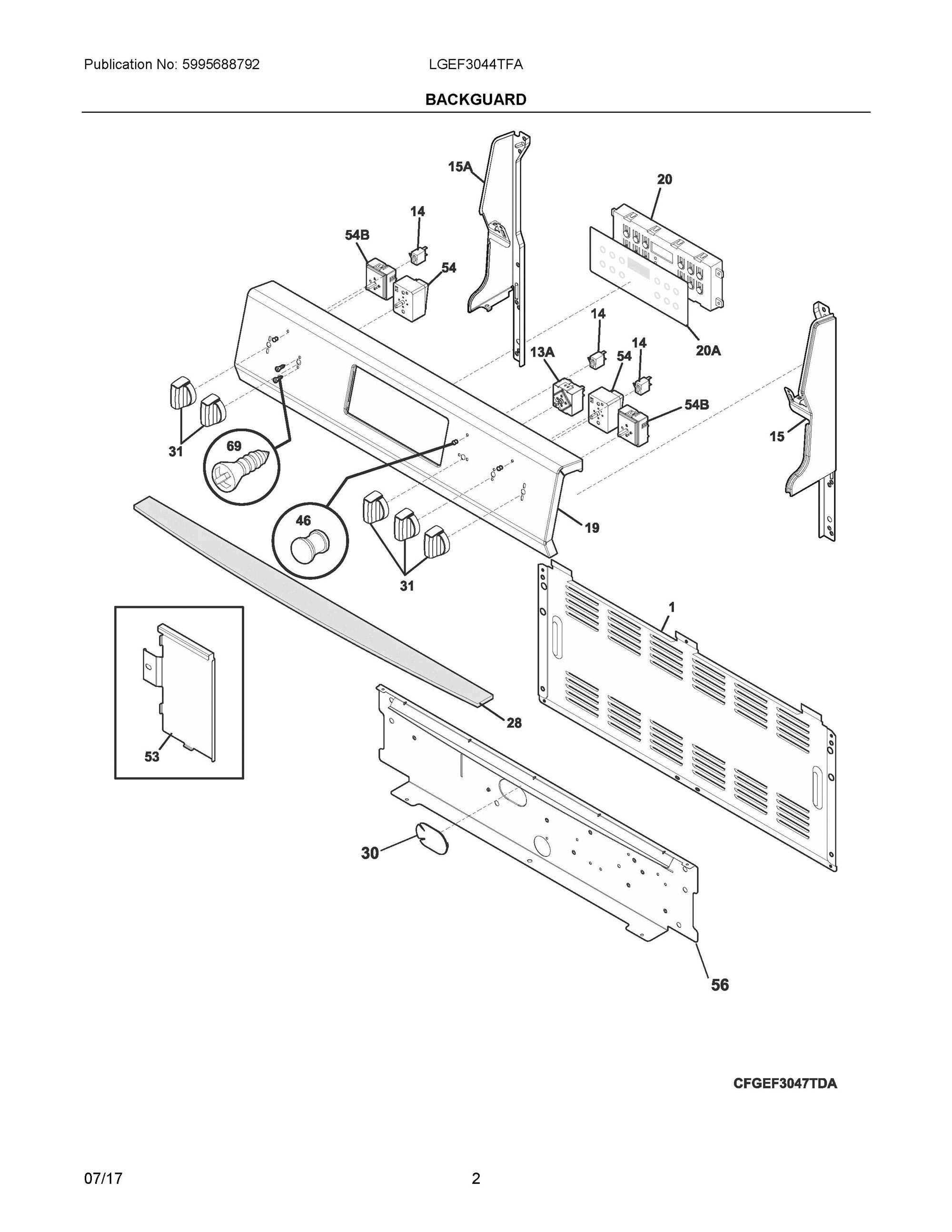 02 - BACKGUARD Diagram and Parts List for LGEF3044TFA  Frigidaire Range
