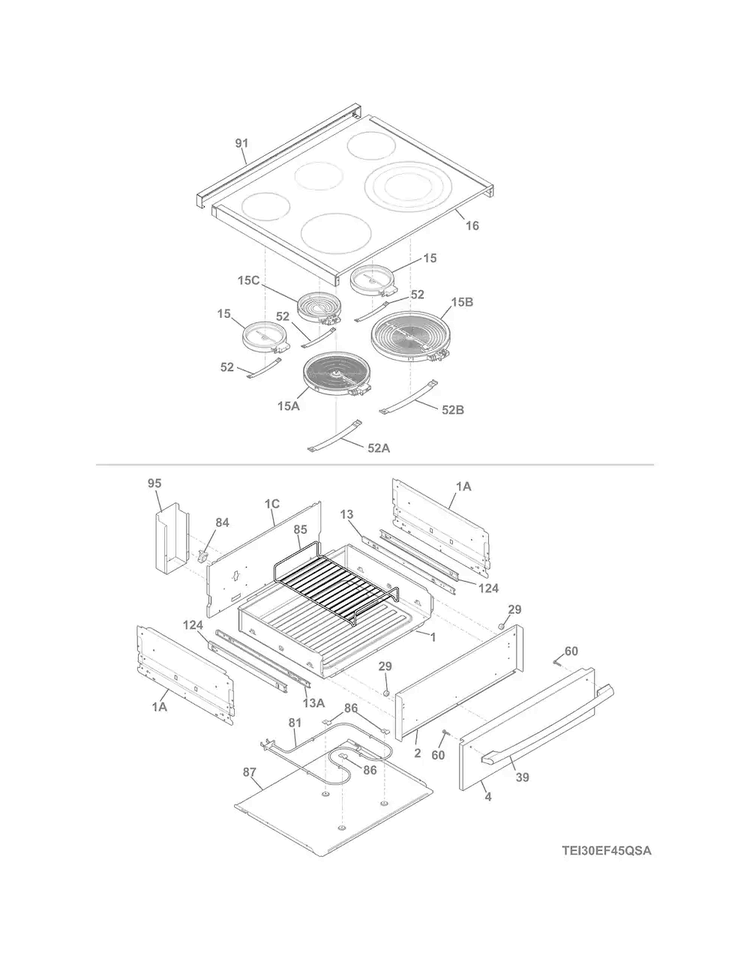 Top/drawer Diagram and Parts List for EI30EF45QSB  Electrolux Range
