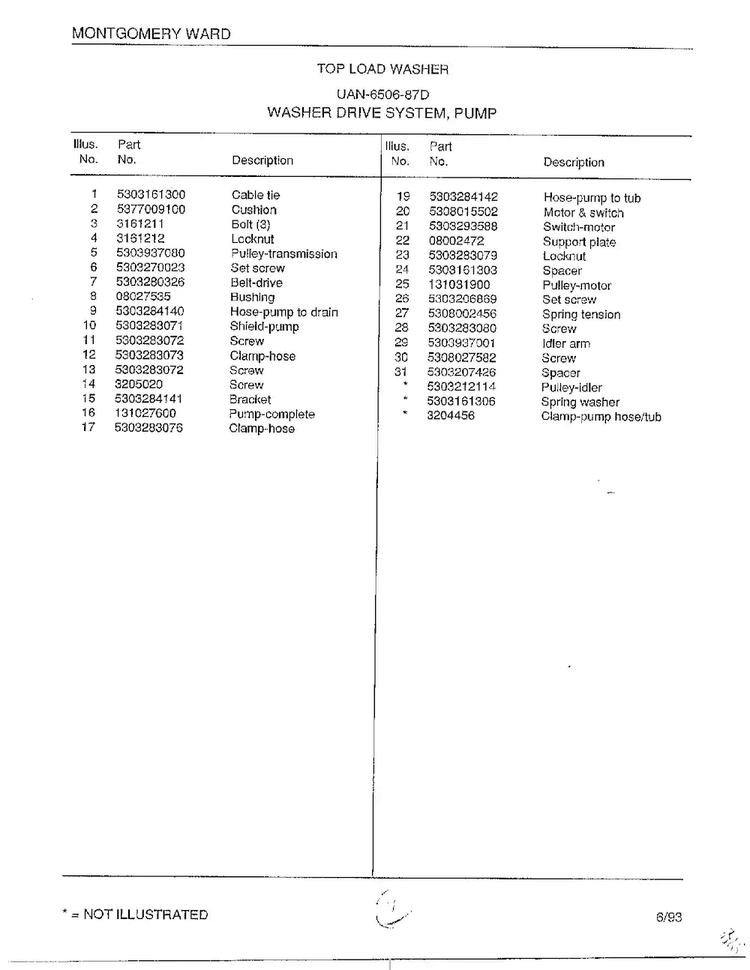 Washer Drive System/pump  Page 2 Diagram and Parts List for 6506-87D  Frigidaire Washer