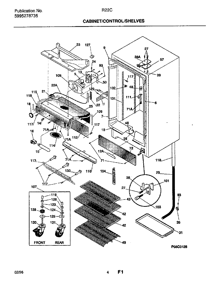 CABINET / CONTROL / SHELVES Diagram and Parts List for R22CW2  Frigidaire Freezer