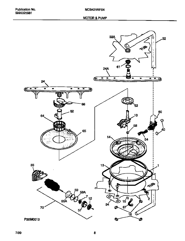 MOTOR Diagram and Parts List for MDB421RFS4  Frigidaire Dishwasher