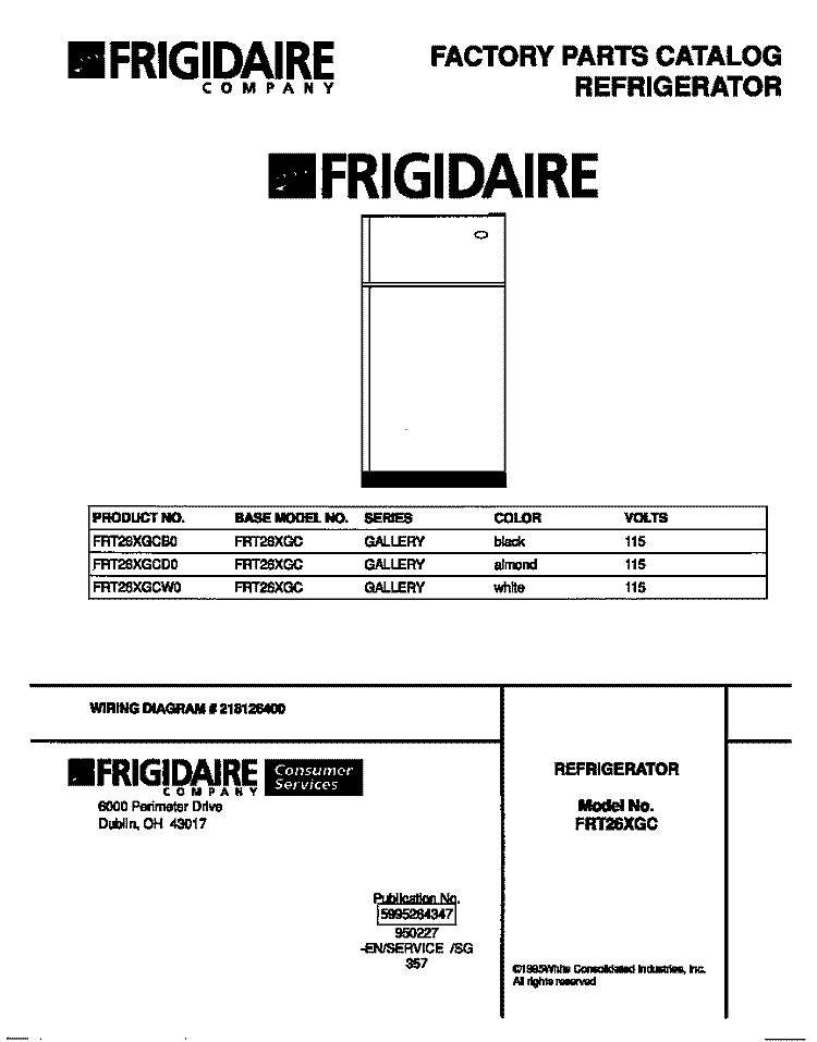 COVER Diagram and Parts List for FRT26XGCD0  Frigidaire Refrigerator