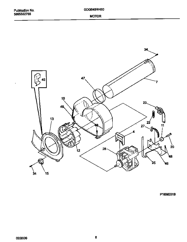 P160019 MOTOR, BLOWER Diagram and Parts List for GDG648RHS0  Gibson Dryer