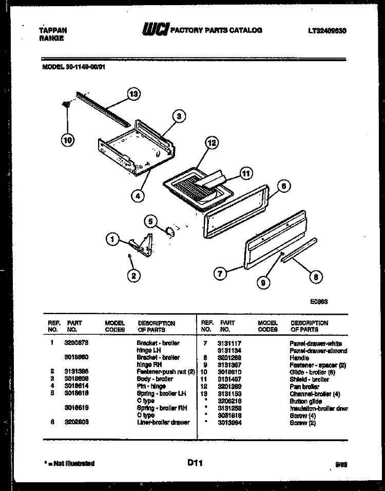 BROILER DRAWER PARTS Diagram and Parts List for 30-1049-00-01  Tappan Range