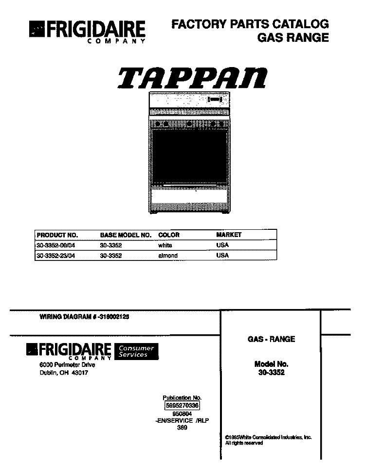 COVER Diagram and Parts List for 30-3352-00-04  Tappan Range