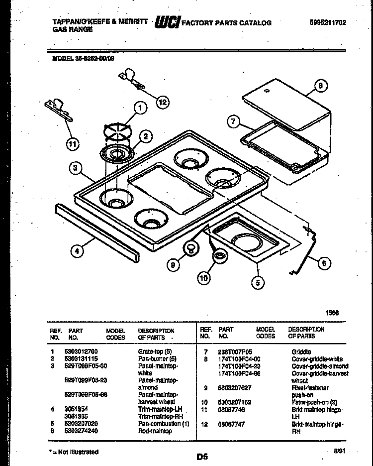 COOKTOP PARTS Diagram and Parts List for 36-6262-00-09  Tappan Range