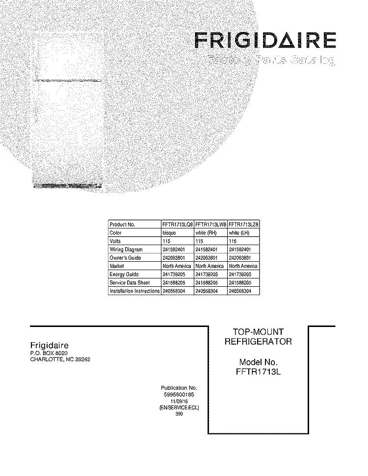 COVER Diagram and Parts List for FFTR1713LZ8  Frigidaire Refrigerator