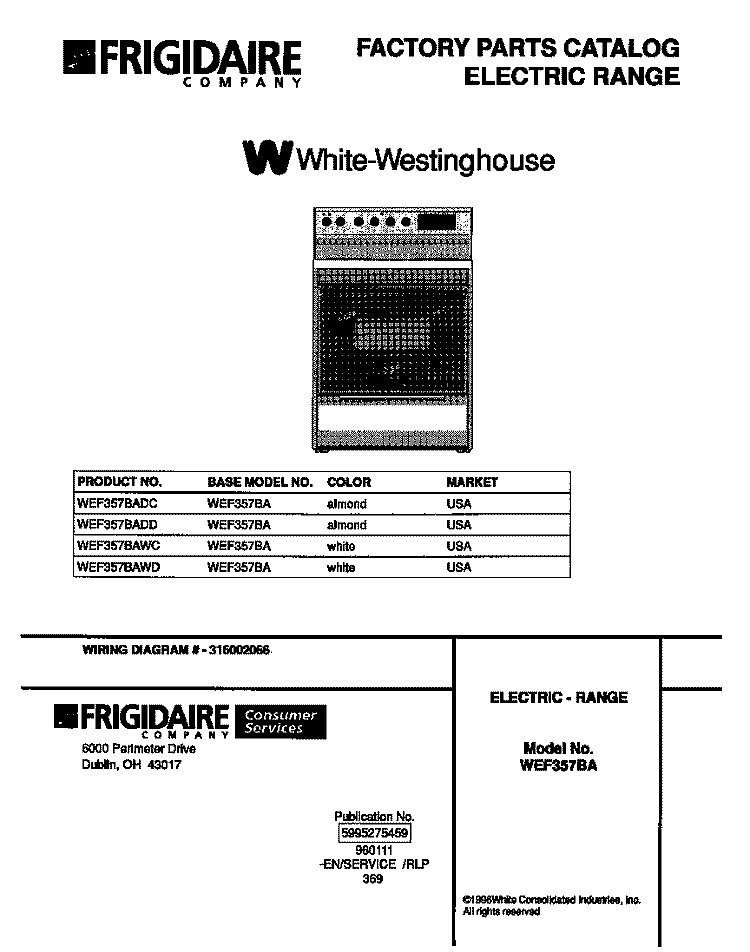 COVER Diagram and Parts List for WEF357BAWC  Frigidaire Range
