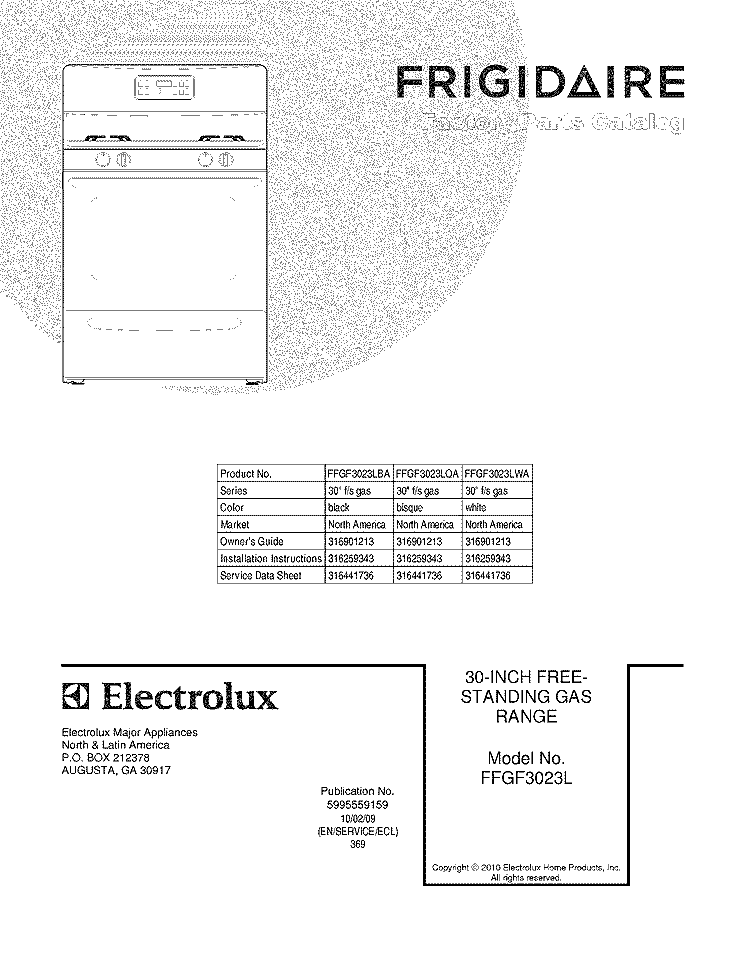COVER Diagram and Parts List for FFGF3023LWA  Frigidaire Range