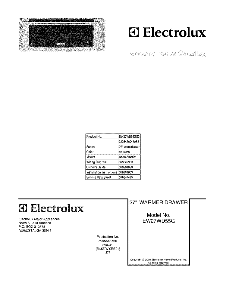 COVER Diagram and Parts List for EW27WD55GS3  Electrolux Warming Drawer