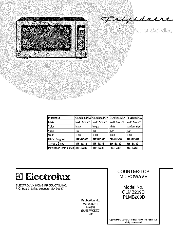 COVER Diagram and Parts List for GLMB209DBA  Frigidaire Microwave